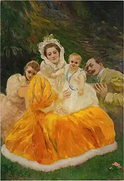 La Robe jaune (1896), autoportrait de l'artiste avec son épouse Jacqueline, leur fille Solange et leur fils Philippe, collection privée