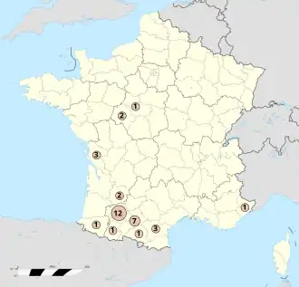 Carte de France indiquant le nombre de monuments identiques pour chaque département.
