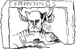 gravure d'un personnage cornu et barbu avec des oreilles pointues