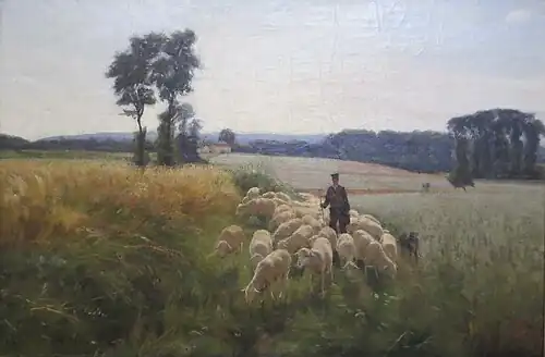 A Shepherd and his flock within a vast landscape, huile sur toile, 1893.