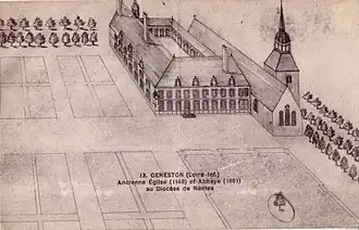Dessin noir et blanc représentant des bâtiments, une église et des jardins.