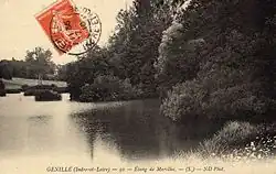 Vue d'un étang avec des arbres s'avançant sur l'eau ; reproduction d'une carte postale sépia.