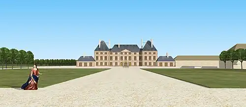 Restitution du château du Genitoy au XVIIe siècle, du côté de l'entrée.