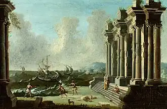 Capriccio de personnages au milieu de ruines classique avec des navires en arrière-plan.