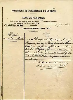 Acte de naissance reconstitué de George Sand, née le 12 Messidor An XII (1er juillet 1804) à Paris.