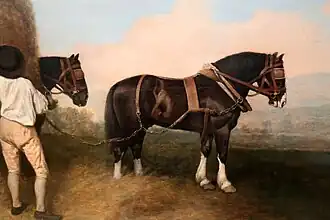 Peinture d'un grand cheval noir portant un harnais.