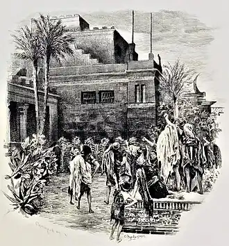 Le peuple envahit les jardins de Mégara. Gravure de Champollion d'après Rochegrosse, 1900.