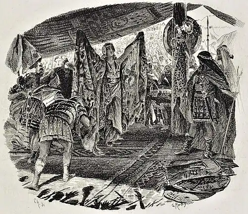 Salammbô rapporte le zaïmph dans la tente d'Hamilcar. Gravure de Champollion d'après Rochegrosse, 1900.