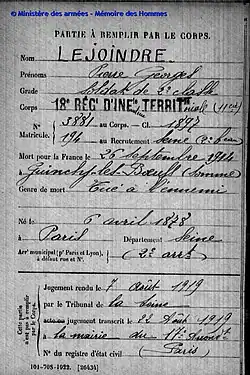 Georges Lejoindre, mort au champ d'honneur le 26 septembre 1914.
