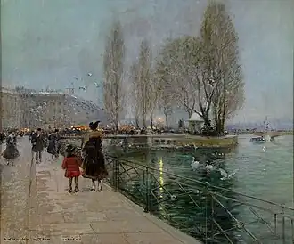 Genève. Journée d'hiver au lac Léman (Île Rousseau), huile sur toile, 55 × 65 cm.