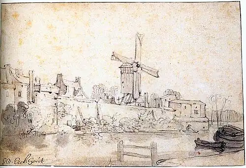 Dessin en noir et blanc représentant un moulin se dressant au-dessus de remparts longés par une voie d'eau, deux barques appontées au quai.