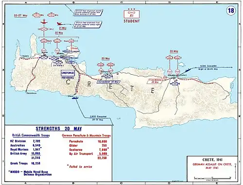 Carte des attaques allemandes sur la Crète pendant la Seconde Guerre mondiale.