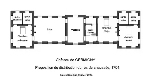 Distribution du rez-de-chaussée du château de Germigny, à la mort de Bossuet, 1704.