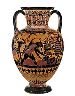 Ulysse et Diomède attaquant Rhésos endormi. Amphore chalcidienne, v 540. Peintre des Inscriptions. Villa Getty