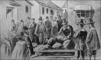 Peine forte et dure appliquée à l'encontre de Giles Corey lors du procès des sorcières de Salem