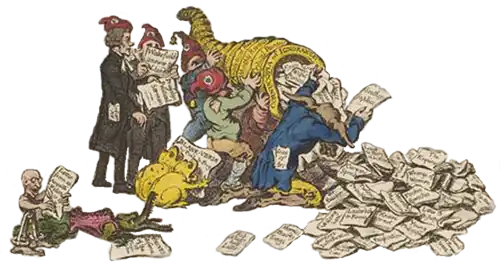 Une corne d'abondance émettant des pamphlets radicaux, entourée de révolutionnaires coiffés de chapeaux tricolores.