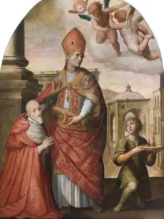 Homme vêtu de l'habit de cardinal agenouillé auprès d'un saint mitré