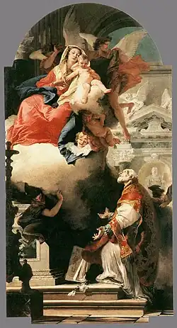 L’apparition de la Vierge à saint Philippe Neri, Jean Baptiste Tiepolo, 360&nbsp;×&nbsp;182&nbsp;cm, Camerino (avant le tremblement de terre de 2016)