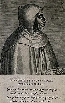 Image en noir et blanc d'un personnage à mis buste, de profil, tourné vers la droite, le nez aquilin, portant une toque et capuche, un livre à la main droite, au-dessous d'une cartouche/ texte