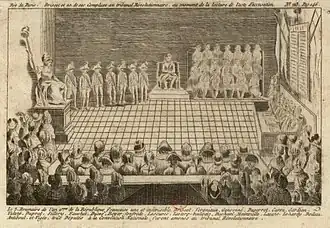 Brissot et vingt autres conventionnels girondins devant le Tribunal révolutionnaire, au moment de la lecture de l'acte d'accusation. Estampe anonyme, Paris, BnF, département des estampes, 1793.