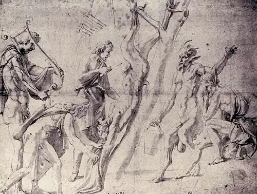 L'Écorchement de Marsyas, dessin à l'encre de Jules Romain (entre 1525 et 1535).