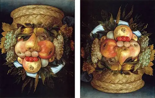 Tête réversible avec panier de fruits, Giuseppe Arcimboldo, 1590.