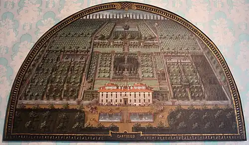 Lunette de la Villa Medicea di Castello telle qu'elle était en 1599, peinte par Giusto Utens.