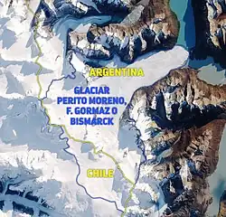 Carte du glacier avec la frontière internationale définie en 1998.