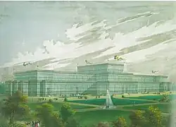 Un grand bâtiment aux formes très carrées, tout en verre et métal. Jet d'eau et petit personnages qui promènent dans un jardin au premier-plan.