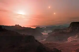 Vue d'artiste d'un paysage à la surfacede Gliese 667 Cc.