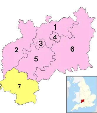 1. Borough of Tewkesbury2. Forest of Dean District3. Gloucester4. Cheltenham5. Stroud District6. Cotswold District7. South Gloucestershire