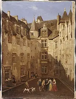 Peinture en couleurs de la cour d'un château.