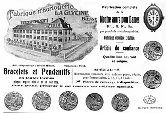 Publicité de 1919 montrant les bâtiments de la Fabrique La Glycine et certains mouvements produits par la manufacture