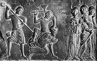 L'exécution d'Adalbert par les Prussiens (détail de la porte en bronze de la cathédrale de Gniezno).