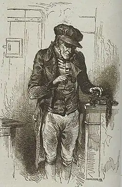 Dessin à la plume sur fond gris représentant un homme en pied, avec redingote et casquette, regardant le contenu d'un écrin
