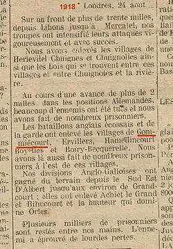 L'article de journal mentionnant la libération du village le 24 août 1918.