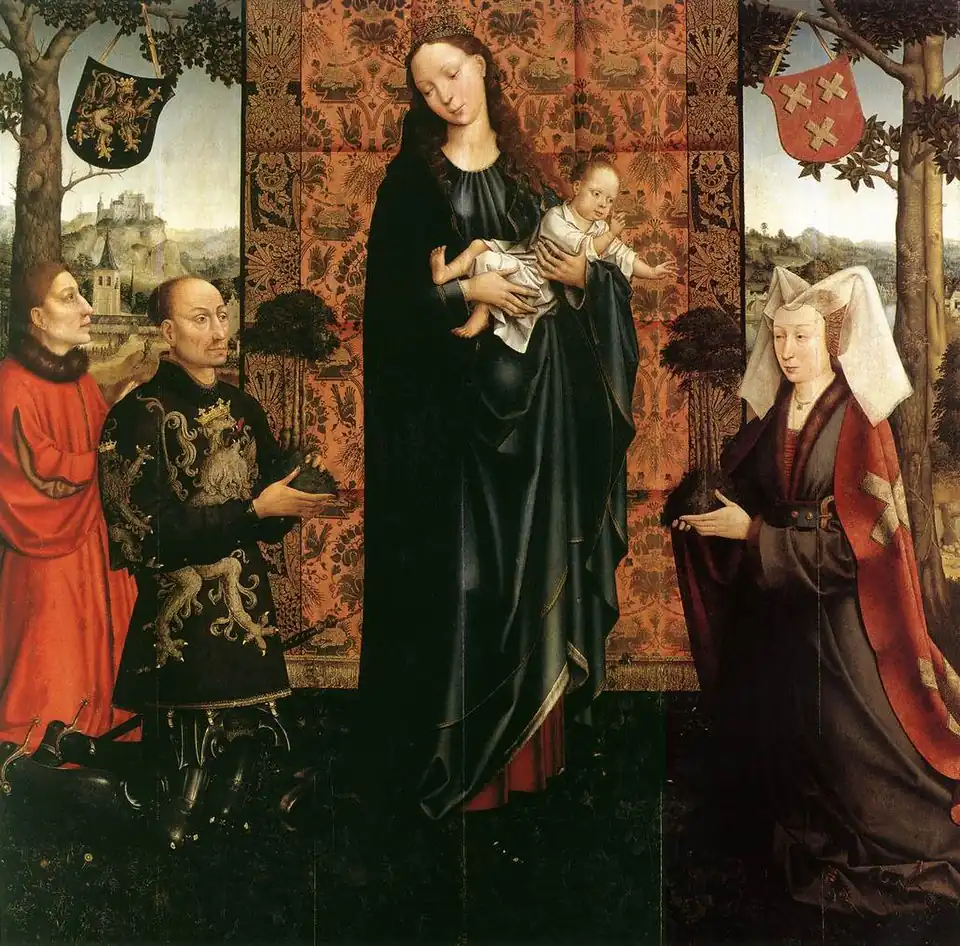 8.  Goswijn van der Weyden, Maria mit dem Kind und Stiftern, 1511, huile sur panneau, 153&nbsp;×&nbsp;153&nbsp;cm, Staatliche Museen, Berlin, inv. 526.