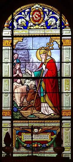 Vitrail représentant saint Corneille [en fait saint Cornély] bénissant les bestiaux (église de Gourlizon).