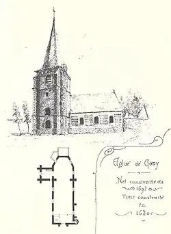 L'église vers 1870, dessin de Joachim Malézieux (1851-1906).