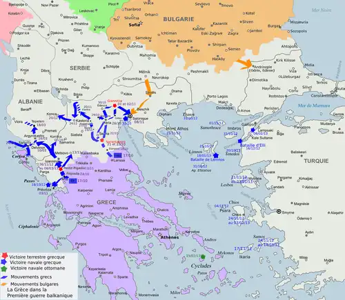 carte moderne de la Grèce avec des flèches montrant les opérations, concentrées dans le nord du pays, d'est en ouest