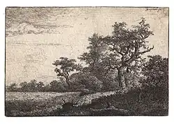 Eau-forte avec champ de blé sur la gauche et arbres sur la droite.