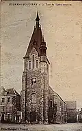 Grand-Fougeray ː le clocher-tour de l'église restaurée (carte postale).