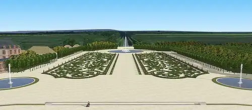 Restitution de la vue sur le grand parterre du château vieux de Saint Germain au temps de Louis XIV, depuis la terrasse du château.