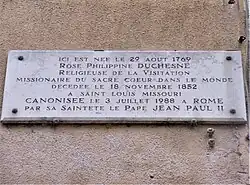 Plaque dédiée à Rose Philippine Duchesne