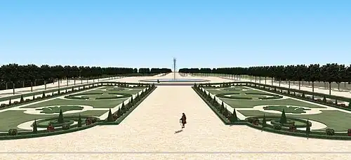 Restitution du point de vue depuis la terrasse du château, en direction du sud (Grande Perspective). Vers 1720.