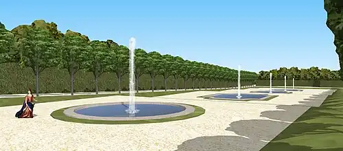 Vue restituée de biais des grandes goulottes du château de Saint-Cloud, 1698.