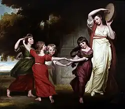 A droite du tableau une jeune femme, hisse au-dessus de l'épaule un tambourin qu'elle frappe de la main droite, rythmant la ronde de quatre fillettes se tenant par la main. L'une d'elles, à la taille légèrement plus élevée, capte l'attention par la grâce avec laquelle elle évolue. Elle penche la tête câlinement vers la gauche dans l'instant du mouvement que fixe le peintre. Sa robe rouge sombre laisse apparaître les formes séduisantes d'un corps qui n'est plus tout à fait celui d'une enfant. Parenté entre la danse et la beauté des femmes inspirée de Bergson.