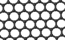 Une couche d'un cristal de graphite. Les atomes de carbone et les liaisons C-C sont indiqués en noir.