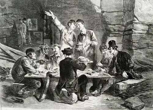 Gravure ancienne représentant un repas dans les galeries souterraines de carrières de gypse, sur le site actuel du parc.