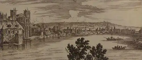 Gravure montrant un cours d’eau en premier plan, bordé par une cité en arrière-plan.